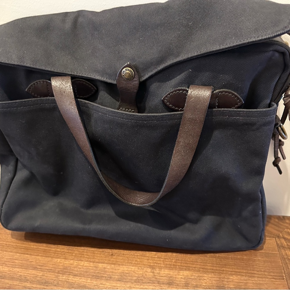 Filson Navy Twill Briefcase with Brown Leather Handles